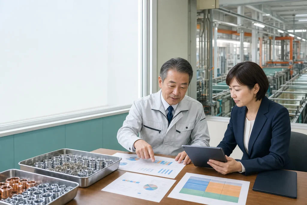 めっき会社の売却価値と原価管理を確認する工場経営者とM&Aアドバイザー