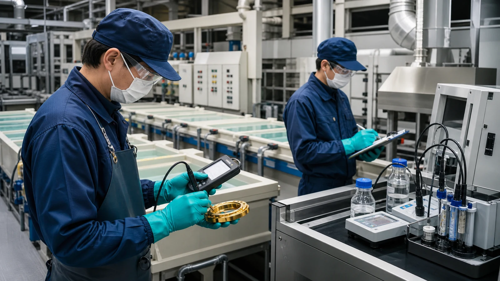 めっき工場で技術者が膜厚測定と浴・排水管理記録を確認する様子