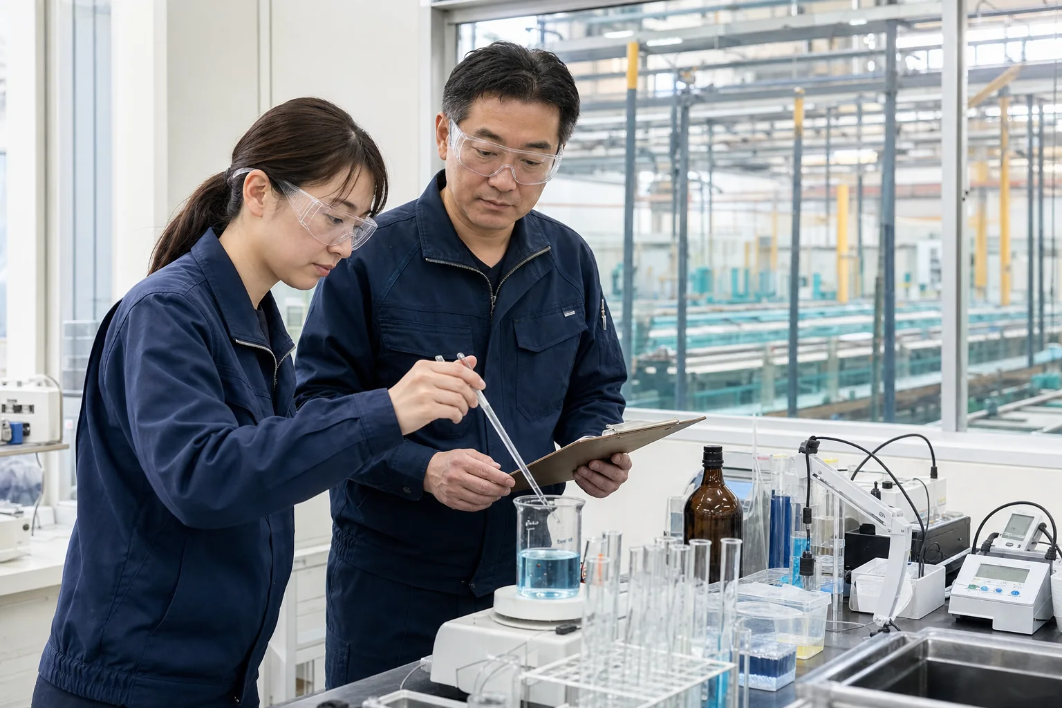 めっき工場の分析室でめっき浴を確認する品質技術者と生産担当者