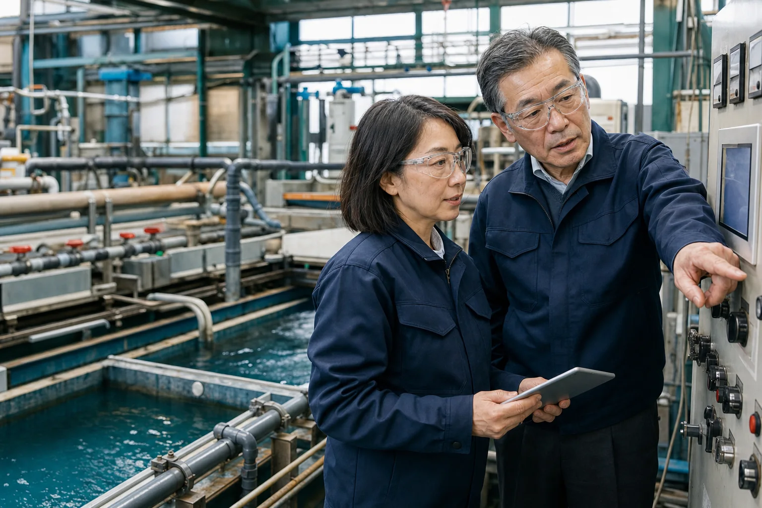 めっき工場の排水処理設備を確認する経営者と技術管理者