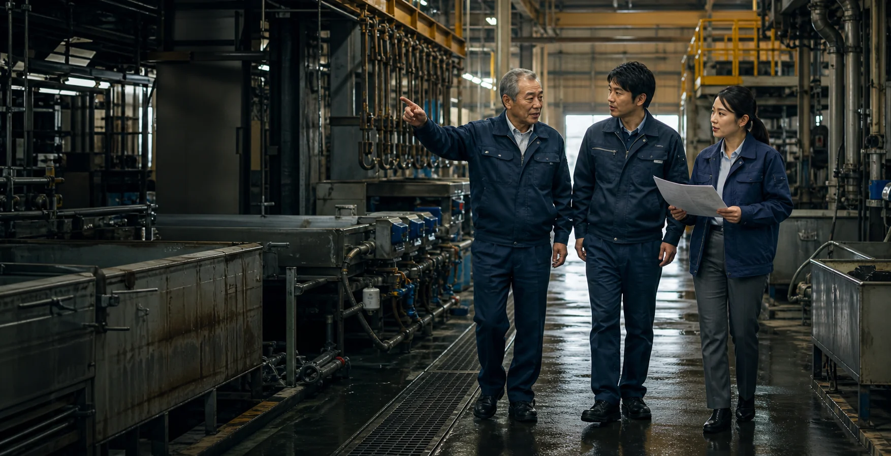 めっき工場を歩きながら譲渡後の運営と技能承継を確認する経営者と後継責任者とM&Aアドバイザー
