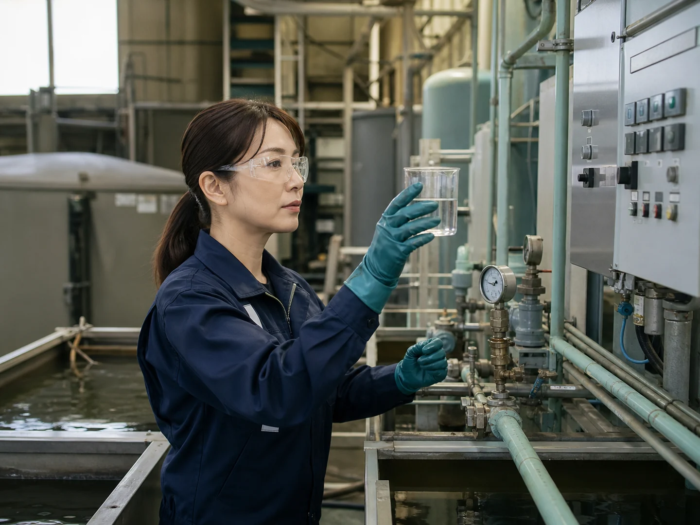 排水処理設備で処理水の状態を確認するめっき工場の担当者