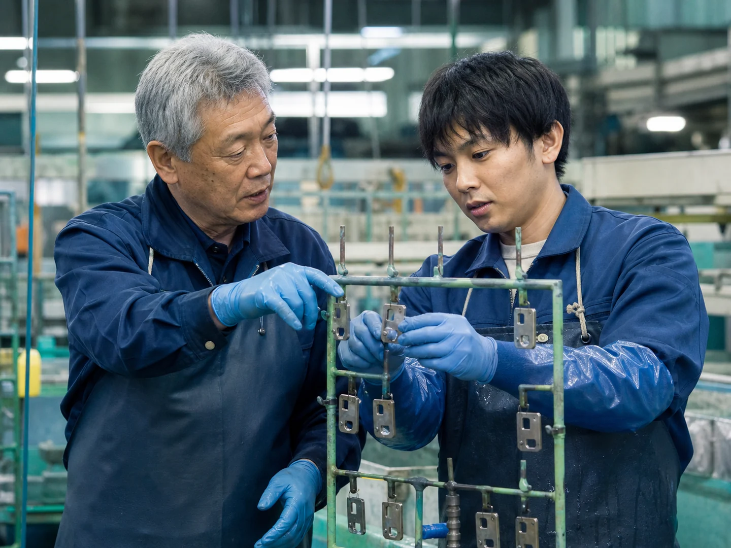治具への部品の掛け方を実作業で伝えるベテランと若手技術者