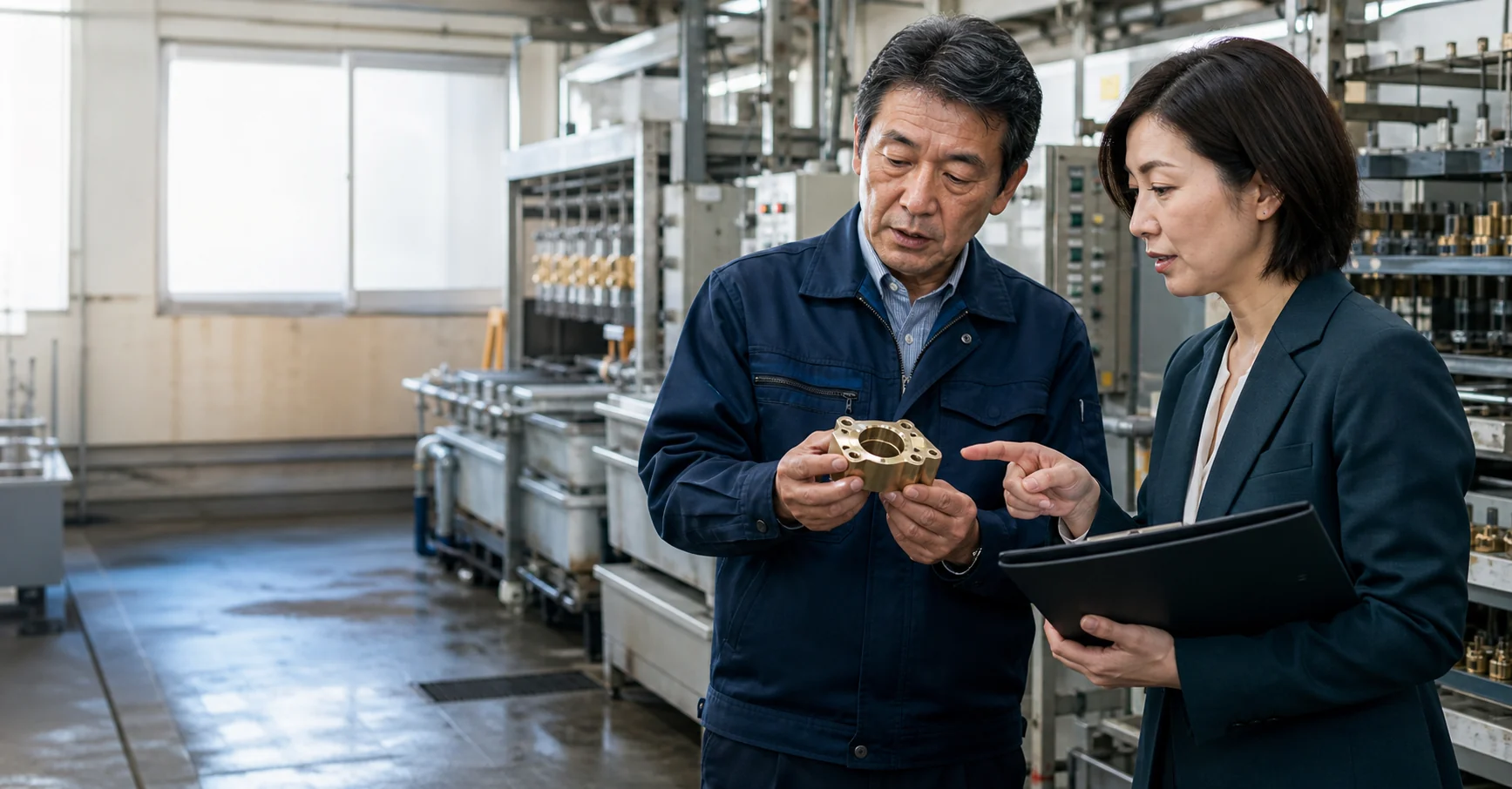 めっき部品の価値と承継条件を確認する工場経営者とM&Aアドバイザー