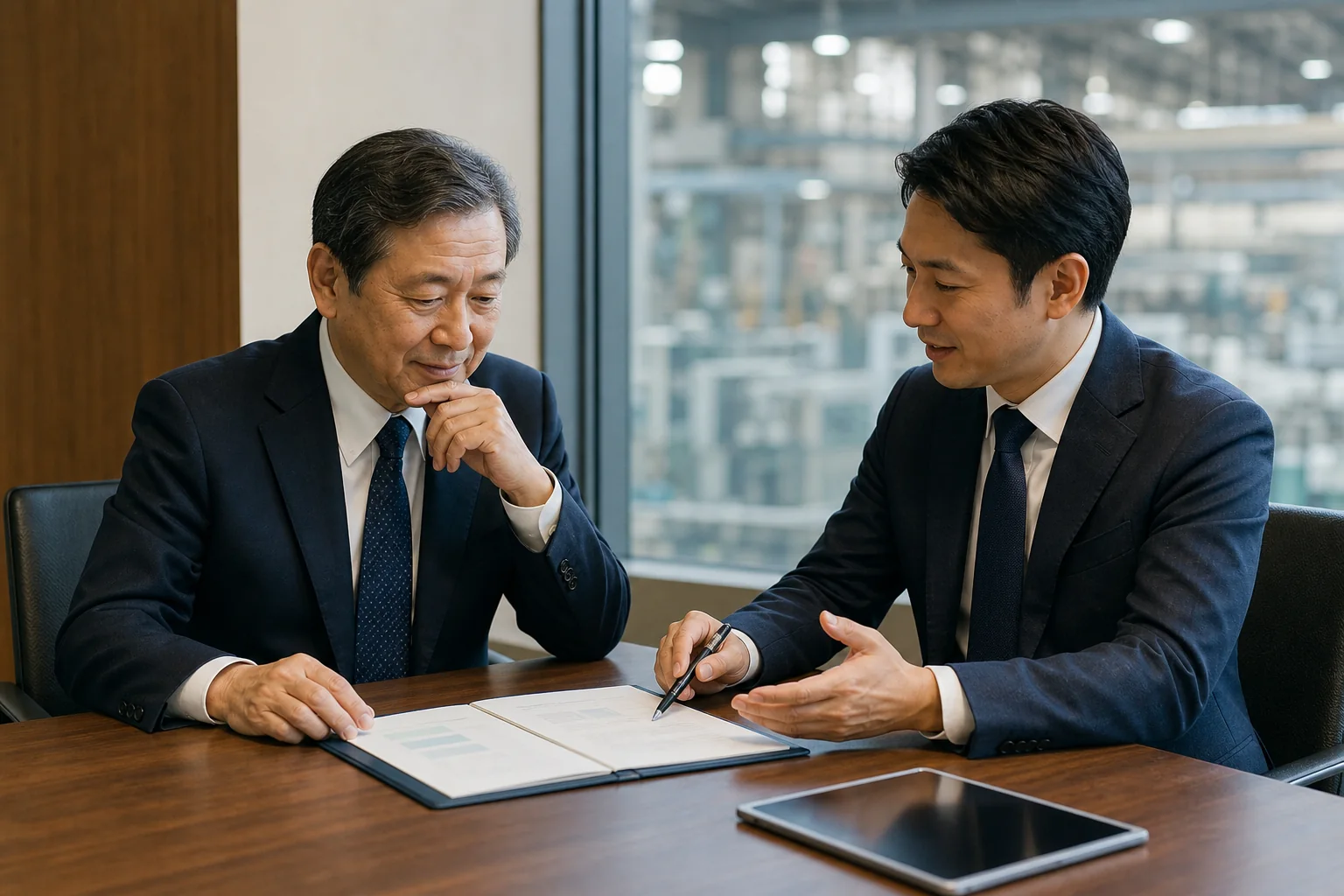 製造業の事業承継計画を確認する経営者とM&Aアドバイザー