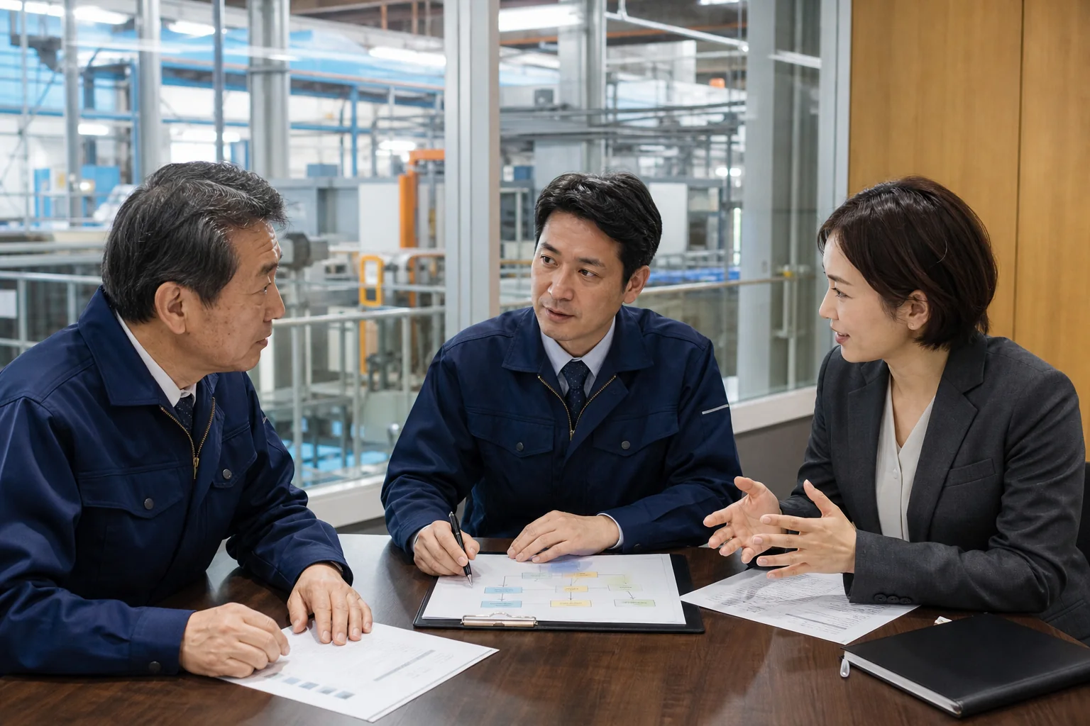めっき会社の経営者と工場責任者とM&Aアドバイザーが事業承継を協議する様子