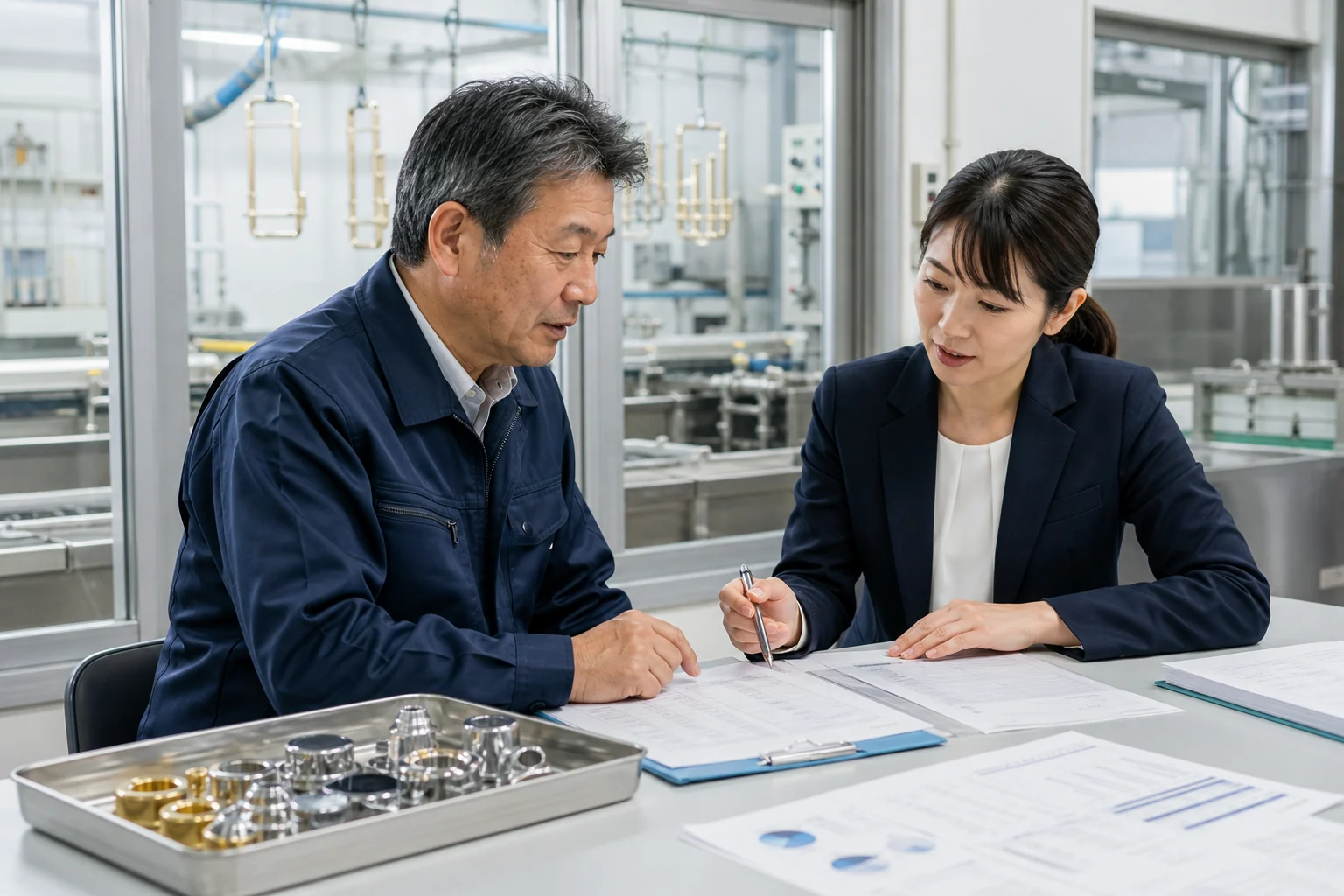 めっき工場を背景に企業価値の資料を確認する経営者とM&Aアドバイザー