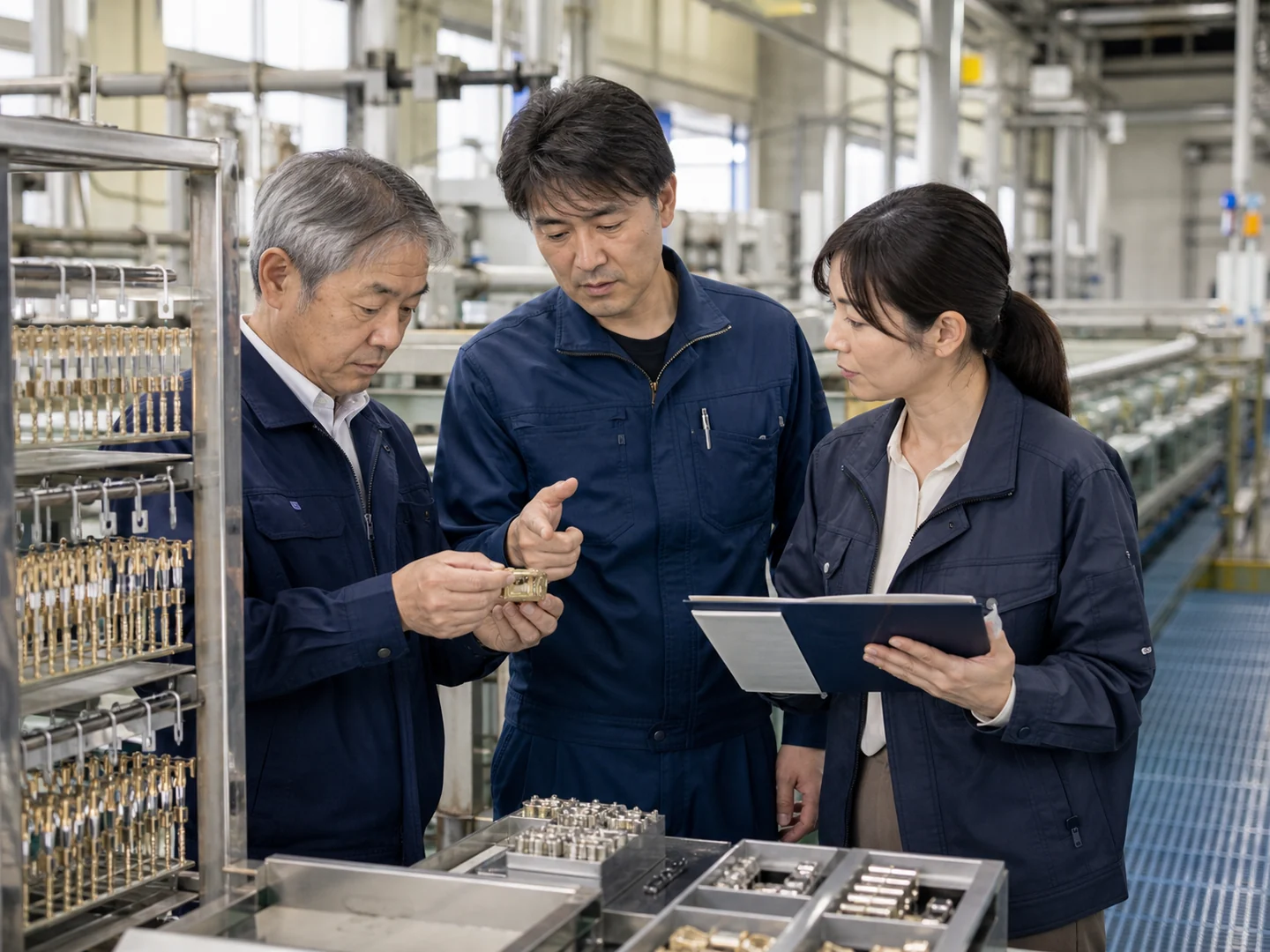 めっき工場で品質記録と設備と製品を確認する経営者と工場責任者とM&Aアドバイザー